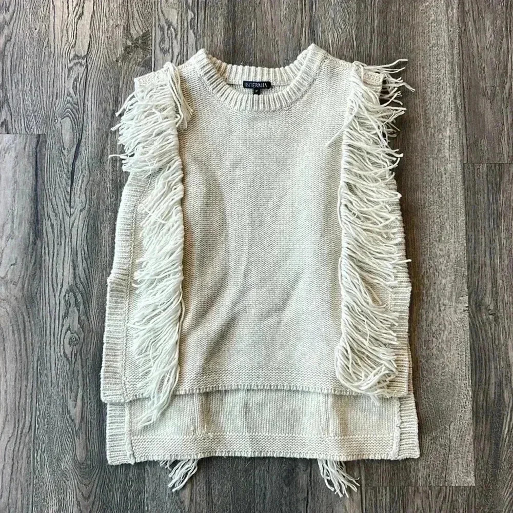 Intermix Sweater White Short Sleeve Wool and Cashmere Fringe Size Extra Small - Picture 2 of 9